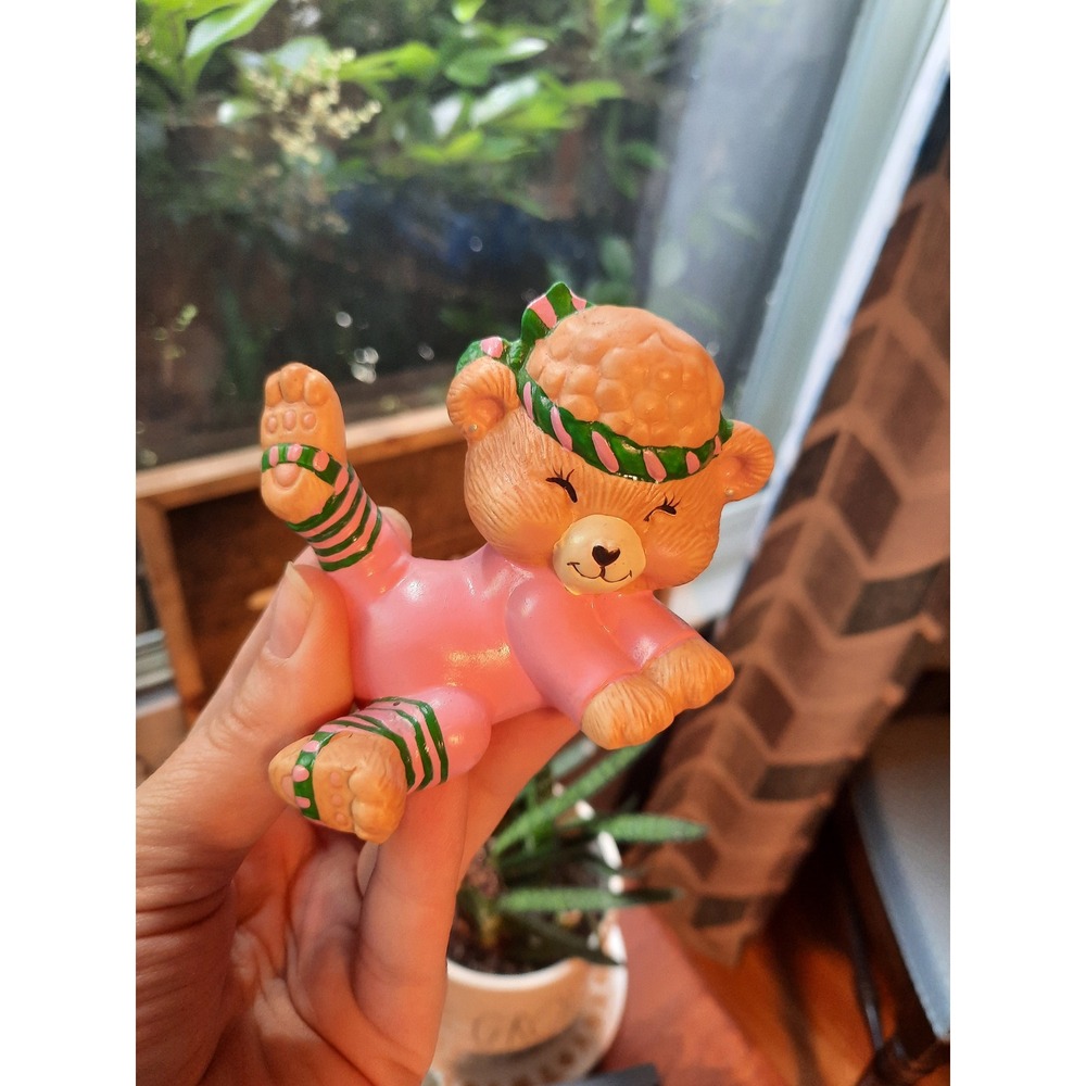VNTG W.A. Aerobic Teddy Bear Figurine Pink Leotard Leg Warmers 80s Retro Decor
